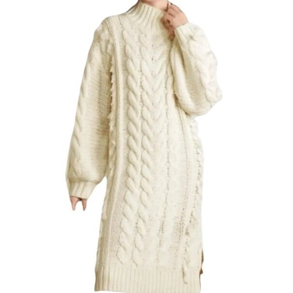 Farm Rio NWT SZMED Chunky Cable Knit PomPom Sweater Dress Cream Convertible Neck - Picture 6 of 16